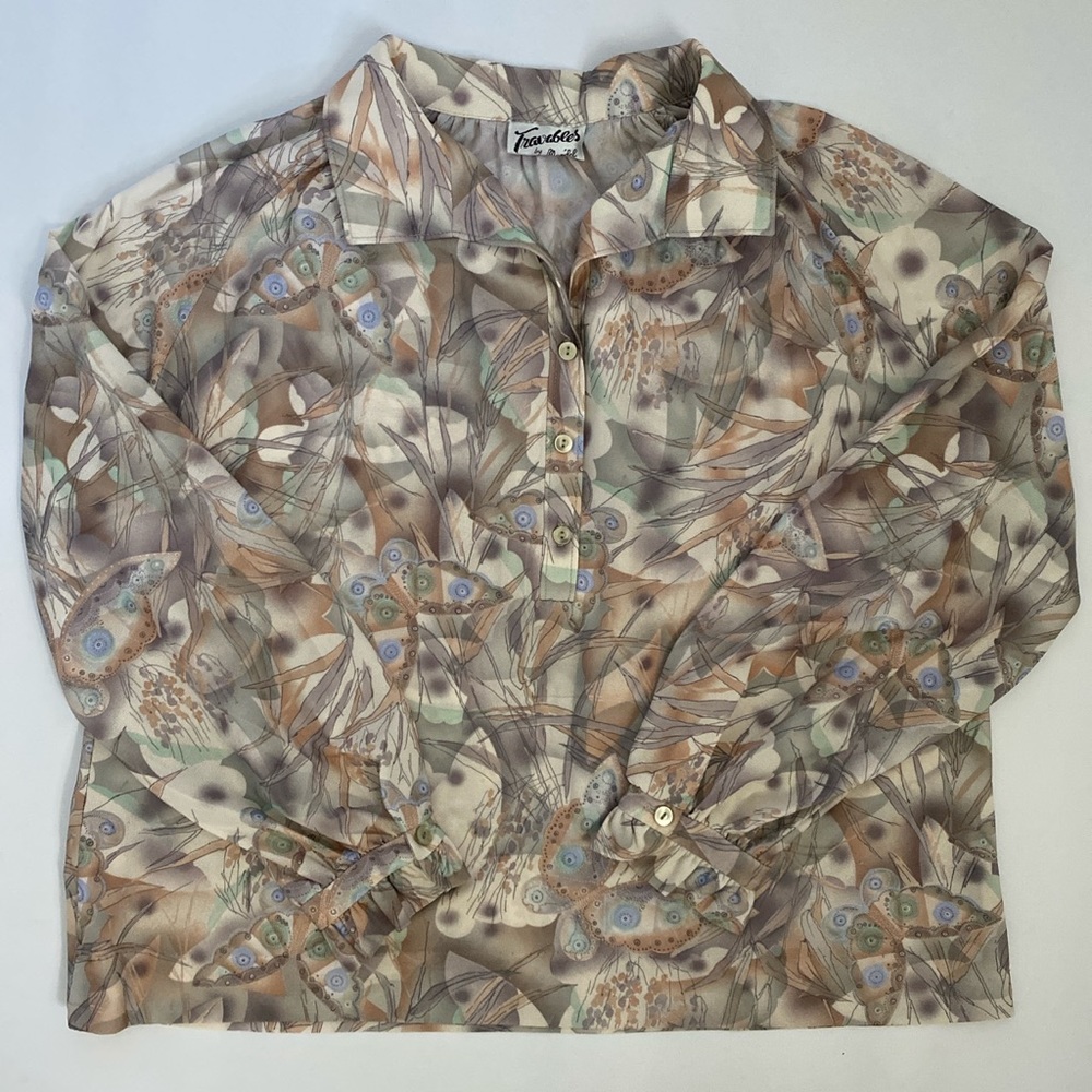 true vintage polyester butterfly print top - 60s